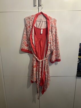 George Coral and Pink Floral Wrap Robe with Coral Tank Top